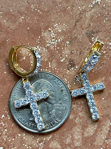 14K Gold Plated 925 Sterling Silver Men & Ladies Dangle Cross Hoop Earrings Iced Out - Aretes #TOP7