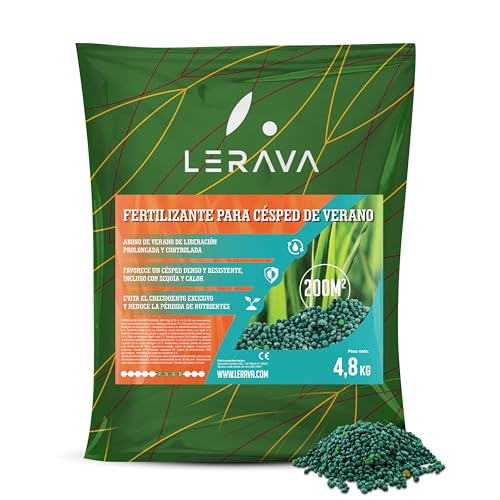 LERAVA® VERANO Abono para Césped - 200m² - Fertilizante para Días Calurosos con Bajo Consumo de Agua - con Potasio - Verde y Sano para Todo Tipo de Césped