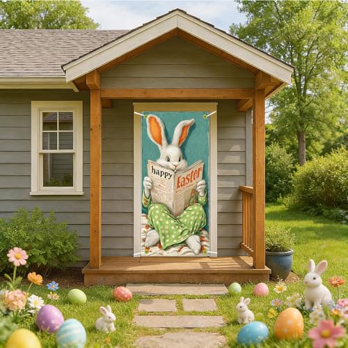 Image of Happy Easter Door Cover Reading Bunny Banner Retro Funny Rabbit Front Door Decorations Home Party Outdoor Decor 35.4x71 Inch