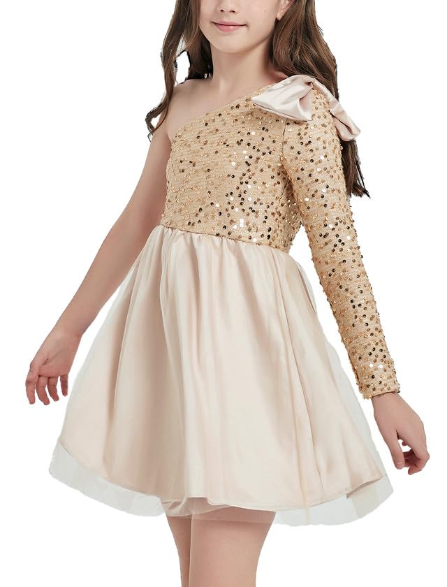 EXARUS Girls Sequin Sparkle Party Tulle Tutu Dress One Shoulder Fancy Long Sleeve Special Occasion Short Dress