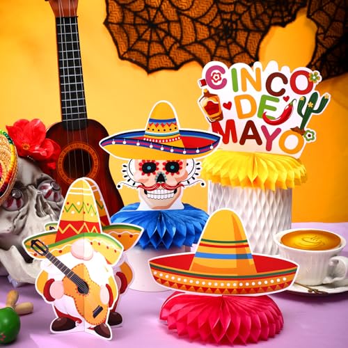 Image of 12 Pcs Cinco De Mayo Fiesta Honeycomb Table Centerpiece 7.3 Inch Mexican Party Decoration for Fiesta Mexican Themed Taco Party Birthday Day of The Dead Decor Supplies