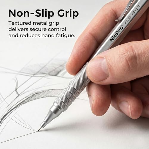 Image of Nicpro 0.7 Metal Mechanical Pencil Set with Case, 3PCS MP1000 0.7mm Artist Lead Pencil With 8 Tube HB Refills, 3 Erasers, 9 Eraser Refill For Architect Art Drafting Drawing Engineering, Sketching