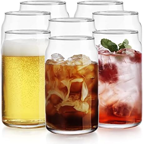 Glaver's Drinking Glasses 8pc Can Shaped Glass Cup Set, 16oz Beer Can Glass Coffee Cups, Glass Tumbler, Cocktail Glasses, Whiskey Beer Glasses, Water Glasses, Soda Can Glasses, Collins Glasses.