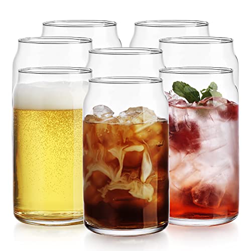 Glaver's Drinking Glasses 8Pc Can Shaped Glass Cup Set, 16Oz Beer Can Glass Coffee Cups, Glass Tumbler, Cocktail Glasses, Whiskey Beer Glasses, Water Glasses, Soda Can Glasses, Collins Glasses. #TOP5