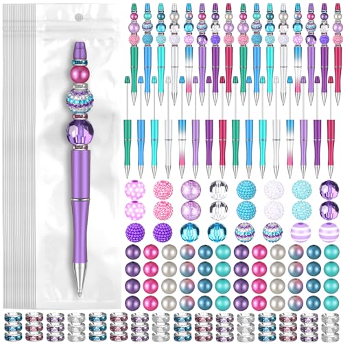 Cholemy 24 Sets Assorted Plastic Beadable Pens Multicolor Bubblegum Crystal Spacer Beads Black Ink Ballpoint DIY Bead Pen Set for Women Office Gifts(Stylish)