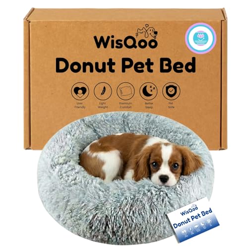 WisQoo Calming Donut Pet Bed – Plush & Supportive Round Bed with Extra Filling for Comfort – Removable Cover & Water-Resistant Liner – Cozy, Fluffy Nest for Dogs & Cats (Grey, 23