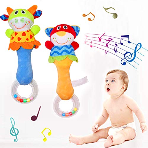 CHAFIN Baby Soft Rattles Sound Toys, Infant Handbells Early Development Hand Grip Baby Toys, Cute Stuffed Animal for 3 6 9 12 Months and Newborn Toddler Boy Girl Birthday Gifts (2 Pack)