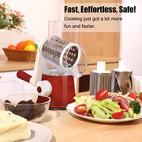 Bleum Cade Cheese Grater Rotary, 3 In 1 Cheese Grater With Handle, Food Shredder With Strong Suction Base, Stainless Steel Cheese Slicer Rotary Grater For Kitchen Cheese, Vegetables, Nuts(Red) #TOP7