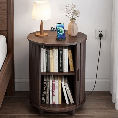 Image of DHH End Table Set of 2 with Storage & Charging Station, Fluted Accent Side Table with Sliding Door & Adjustable Shelf, Mid-Century Nightstand for Small Spaces, Living Room, Bedroom(2, Dark Walnut)