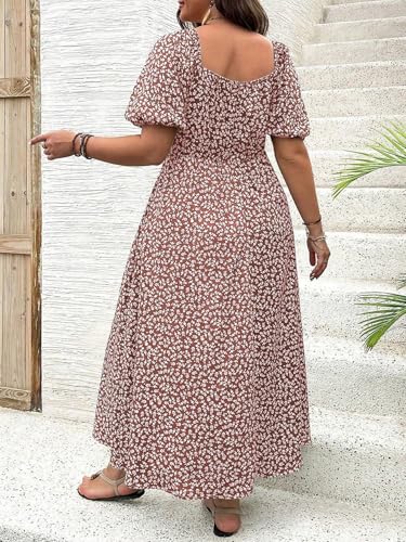 Women Plus Size Dress Puff Sleeve Floral Split A Line Maxi Dress Boho Tie Front Casual Beach Long Dresses2