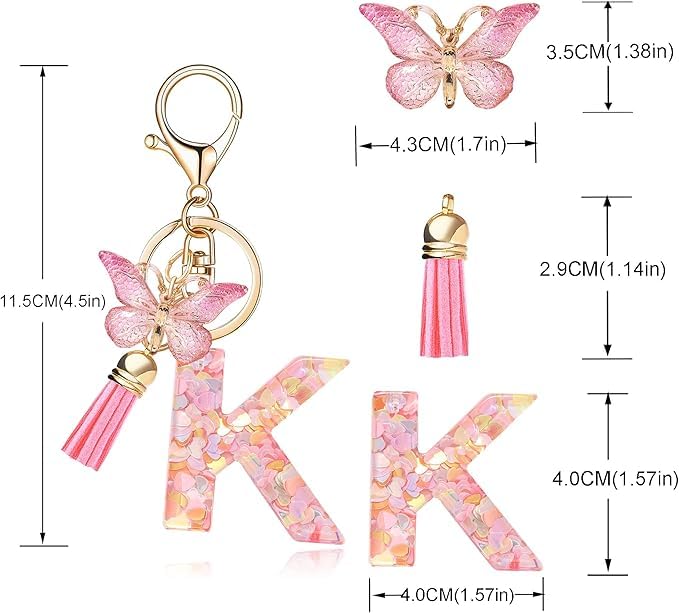 Image of GEOCARTER Lightweight Fashion Initial Letter Key Ring with Butterfly Pendant & Tassel, Stylish Purse Charm for Handbags, Car Keys, Gifts for Girls & Women