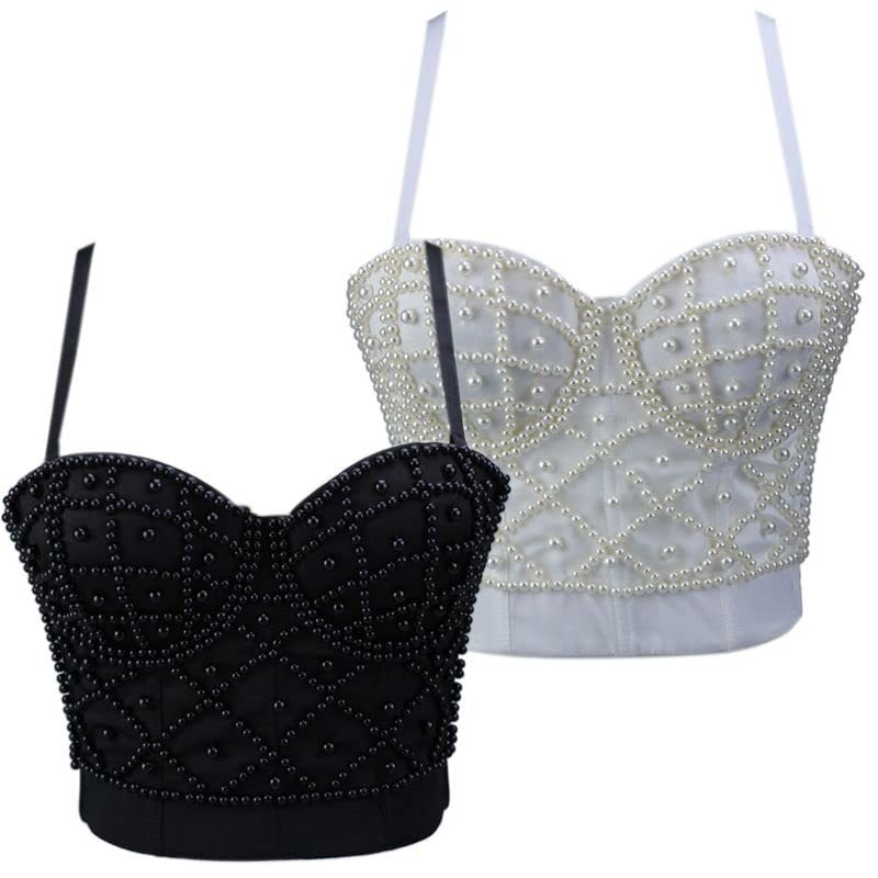 IULJH Women Sleeveless Crop Top Sexy Pearl Beaded Bustier Push Up Corset Club Bralette (Color : E, Size : 80) - Image 3