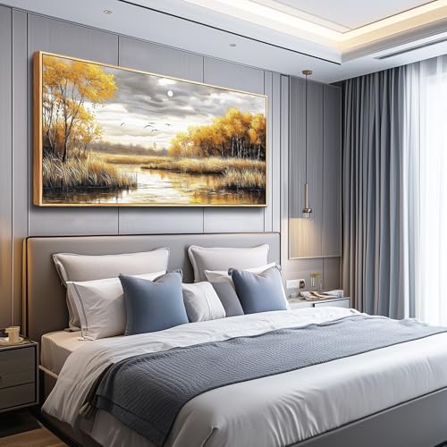 Wapluam Nature Scenery Lakeside Watercolour Pictures Vintage Landscape Wall Art -Farmhouse Living Room Large Canvas Print Home Decoration Bedroom Office Paintings Wall Decor Artwork 24x48 Wood Framed by Wapluam - Used condition - Image 4