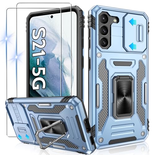 Gritup for Samsung Galaxy S21 Case with Slide Camera Cover + [HD Screen Protector×2], 360° Metal Rotated Kickstand,14FT Military Grade Shockproof Protective，Cover for Samsung S21,Light Blue
