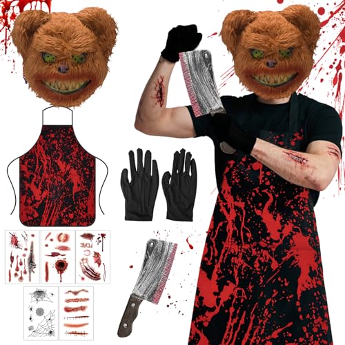 SHOPPGO Disfraces para Halloween Hombre y Damas, Mascaras de Miedo+Delantal Halloween+Cuchillo Halloweens+Tatuaje halloween+Guantes Negros Disfraz, Disfraces de para Fiestas Rave y Juegos de Rol