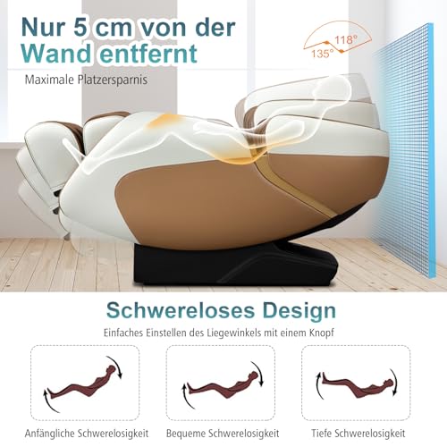 RELAX4LIFE Massagesessel Ganzkörpermassage Massagestuhl Zero Gravity SL Track Relaxsessel Shiatsu Massage Chair mit Wärmefunktion 12 Massageprogramm Sprachfunktion Fußrollen Bluetooth USB (Hellbraun) – Bild 6