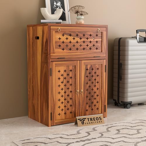 Image of Solid Sheesham Wood Inverter Cabinet | Rosewood Inverter Stand with Ventilated Doors & Foldable Front Panel | Multipurpose Storage Cabinet for Home & Office (Natural Finish)