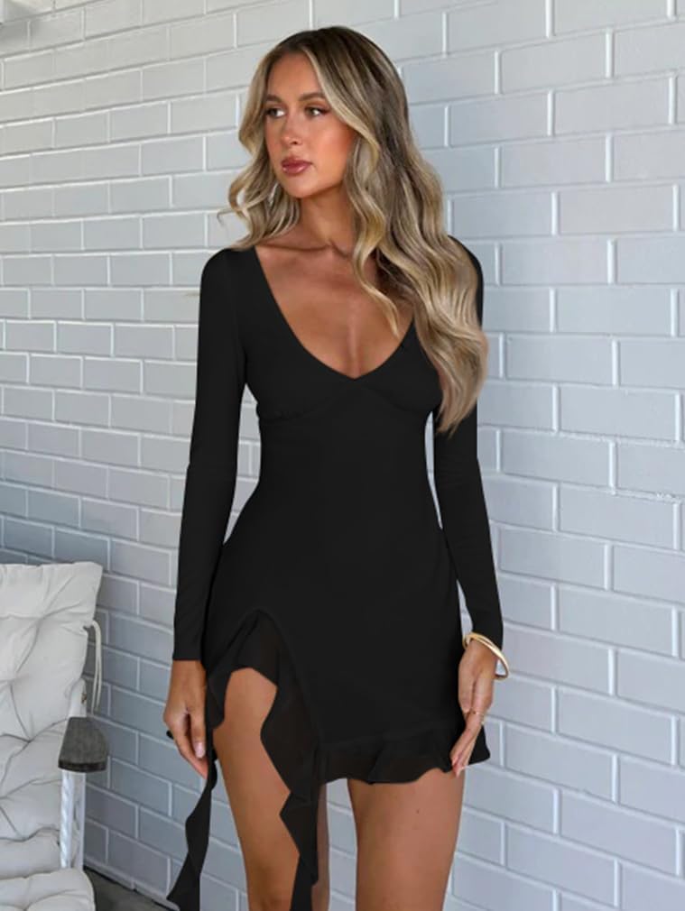 HYZ Women’s Sexy Bodycon V Neck Long Sleeve Mesh Ruffle Hem Cocktail Slit Mini Dress - Image 2