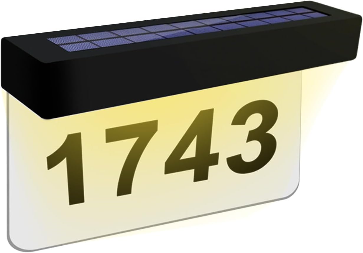 Solar Powered Address Plaque for Outside, Dual Color LED Illuminated House Number Sign with 3 Sets Numbers & 26 Letters, Waterproof IP65, Easy Installation (Cool White & Warm Light)