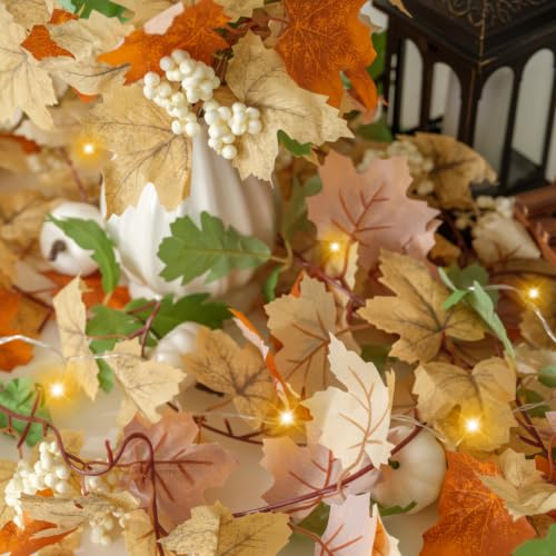 CQURE 6 Pack Fall Leaf Garland with Lights, Total 35.4Ft Artificial Fall Maple Leaves Autumn Vines Garland with LED Lights Thanksgiving Decor for Home Fireplace Party - image 7