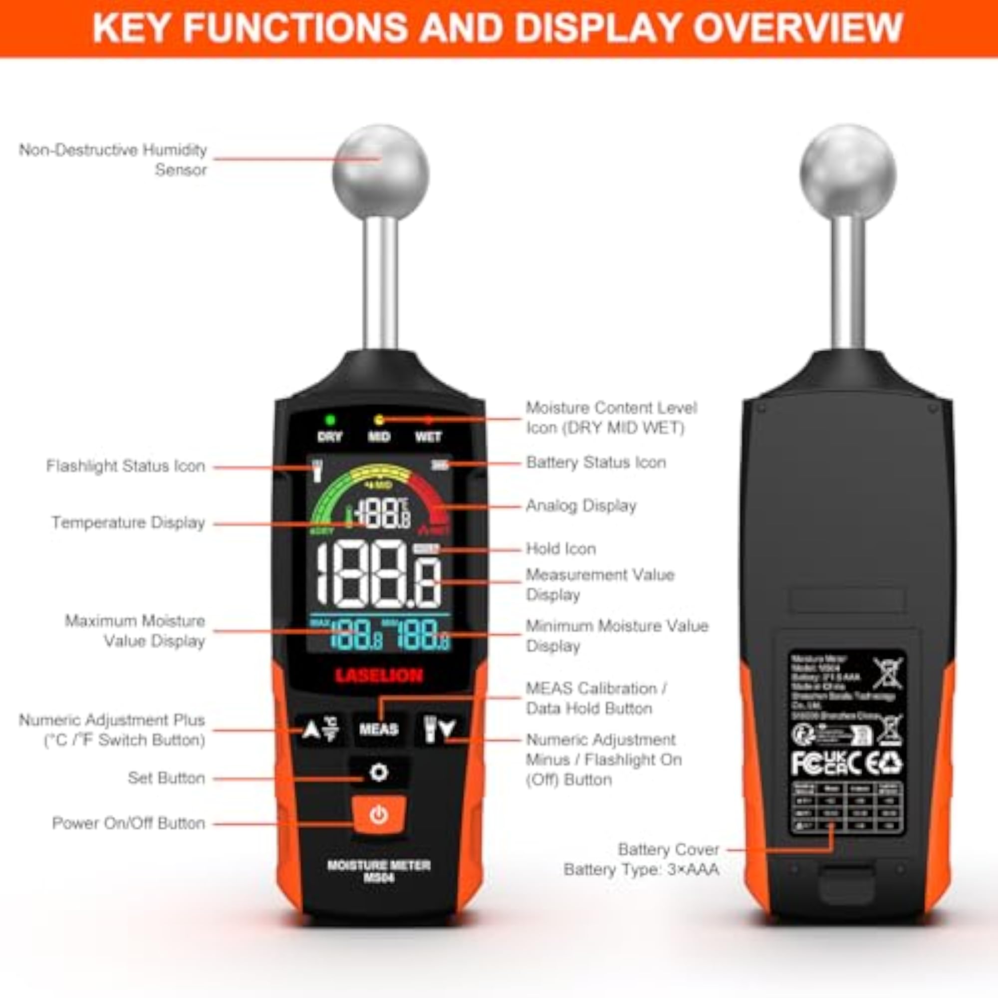 MS04 Pinless Moisture Meter with Ball Probe