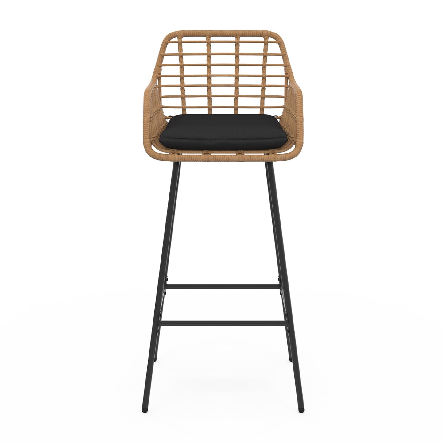 IDMarket - Lot de 2 tabourets de Bar Summer Effet rotin Beige Pied Metal Noir avec accoudoirs