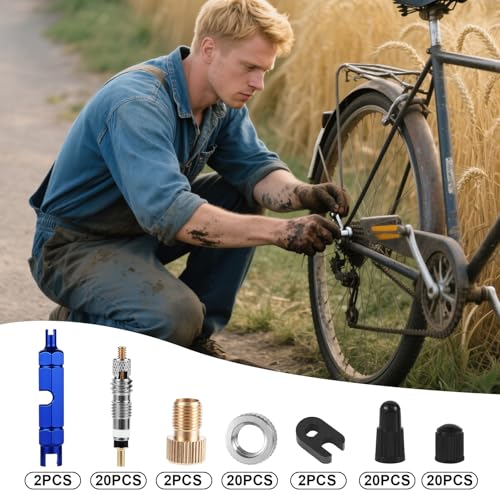 Image of Tinoaly Valve Core Repair Kit, Includes Brass Valve Cores, Caps, Removal Tools, Wrenches, Converters & Nuts, Bike Tire Rebuild Kit Compatible with Presta & Schrader for MTB, Road Bikes, Car Tires