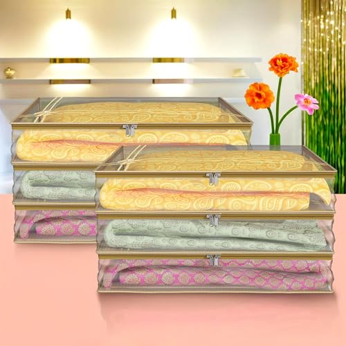 Image of Kuber Industries Saree Cover | Clothes Storage Bag | Suit Packing Cover | Cloth Stoarge Organizer | Wardrobe Cloth Storage Organiser with Zip | Lining Bow Transparent | 3 Inch | Pack of 6 | Gold