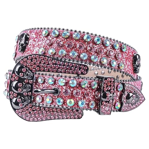 Rhinestone Skull Belt, Western Bling Studded PU Leather Belt Crystal Buckle Punk Cowboy Style Jeans Waist Belt