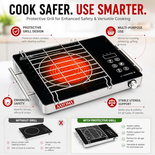Image of 2200W Infrared Cooktop Stove with Grill and Overheat Protection, Crystal Glass Plate with Steel Handle Bars, Digital Display, Touch Control & Knob Control, Infrared Hot Plate | 1 Year Warranty