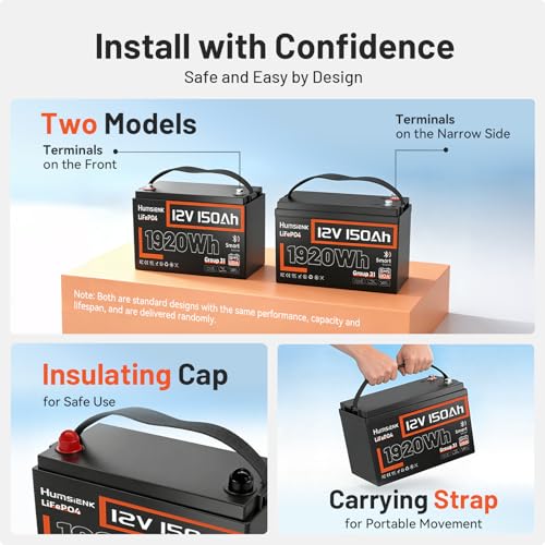 Image of HumsiENK 4 Pack 12V 150Ah LiFePO4 Lithium Battery with Bluetooth, 1920Wh