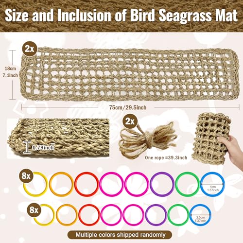 Image of 2Pcs 29.5 x 7 inches Large Bird Seagrass Mat Grass Woven Net Parrot Hammock Mat Parakeet Climbing Rope Ladder with Hooks Bird Cage Accessories for Conure Cockatiel Budgie Macaw Bearded Dragon