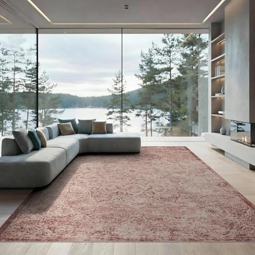 ODIKA 9'x12' Washable Oriental Geometric Oversized Rug, Terracotta Non-Shedding Pet Friendly Carpet Foldable Easy Care Mat for Master Suite, California King, Under Bed | Ref:2001499