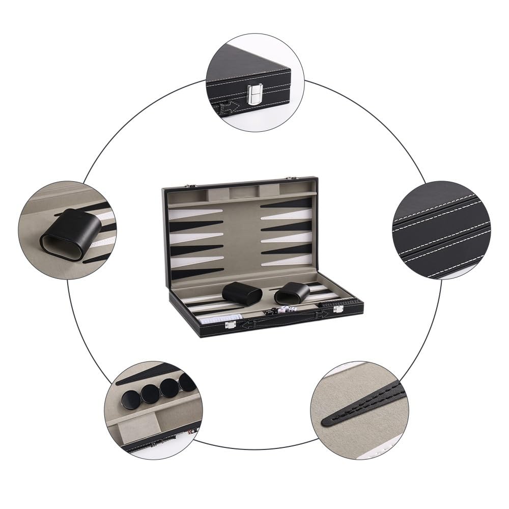 Set da backgammon for adulti, set da gioco da tavolo in pelle PU nera da 15 pollici, set da backgammon da viaggio classico for 2 giocatori scacchiera portatile