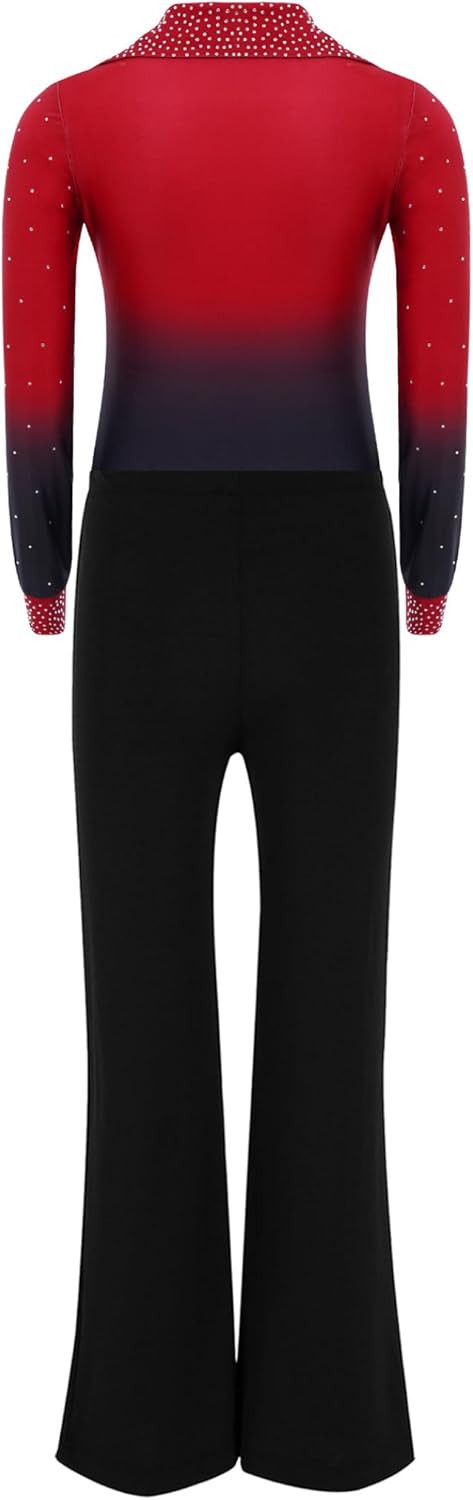 Kids Boys 2 Piece Latin Tango Dance Outfit Long Sleeve Gradient Rhinestones Leotard and Bell Bottom Pants Burgundy 12 Years