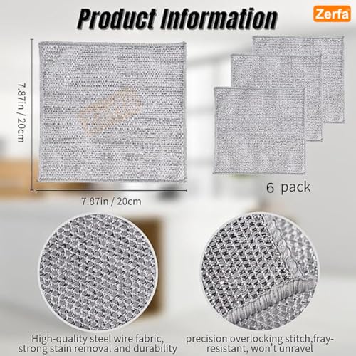 Image of Zerfa 6 Pcs Non-Scratch Wire Dishcloth, Multipurpose Wire Dishwashing Scrubber for Wet and Dry, Easy Rinsing, Reusable, Wire Cleaning Cloth for Kitchen, Sinks, Pots, Pans