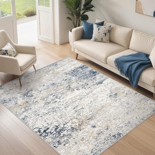 Grand tapis de salon moderne abstrait bleu beige 120x170 cm lavable - 4