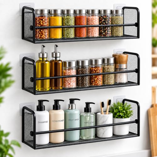 Image of self adhesive Wall Mounted Kitchen Rack | Multipurpose Metal Organizer Shelf for Jars, Spices & Bottles | Space Saving Kitchen Items Storage Rack (3)