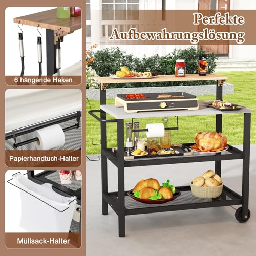 FANTASK Rollwagen mit 3 Etagen Stauraum, rollende Grill Beistelltisch, Pizzaofenständer mit aufklappbarem Tisch, Schwarz