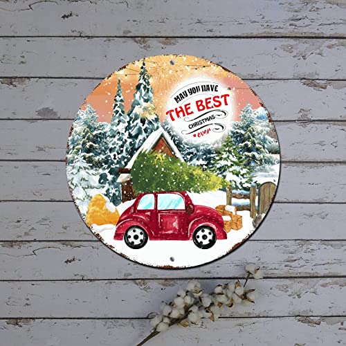 Merry Christmas Wreath Sign Best Christmas Ever Truck Winter Scene Round Metal Tin Sign Christmas Decorations Wreath Distressed Stylish Tin Signs for Home Cabin Front Door Outdoor Decor