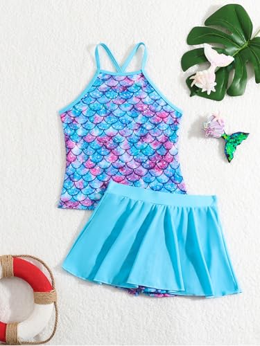 Moily Little Girls 2 Pcs Bathing Suits Crisscross Back Swim Top with Swimskirts Beach Modest Tankini3