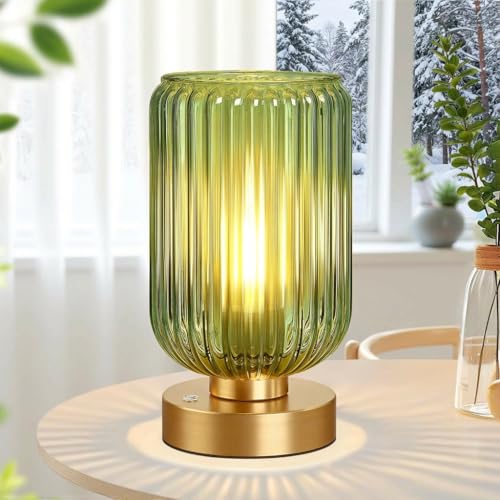 IRONDELIC Lampe de table LED sans fil en verre vert à intensité variable rechargeable avec interrupteur tactile 7500 mAh longue durée de vie de la batterie - Lampe de chevet pour chambre à coucher