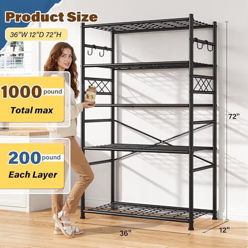 Image of Storage Shelves 5-Tier Large Capacity Wire Shelving with Hooks, Heavy Duty Garage Shelving Unit with Leveling Feet, Stable Metal Shelf for Pantry, Kitchen and Closet, 72 inch H x 36 inch W x 12 inch D, Black