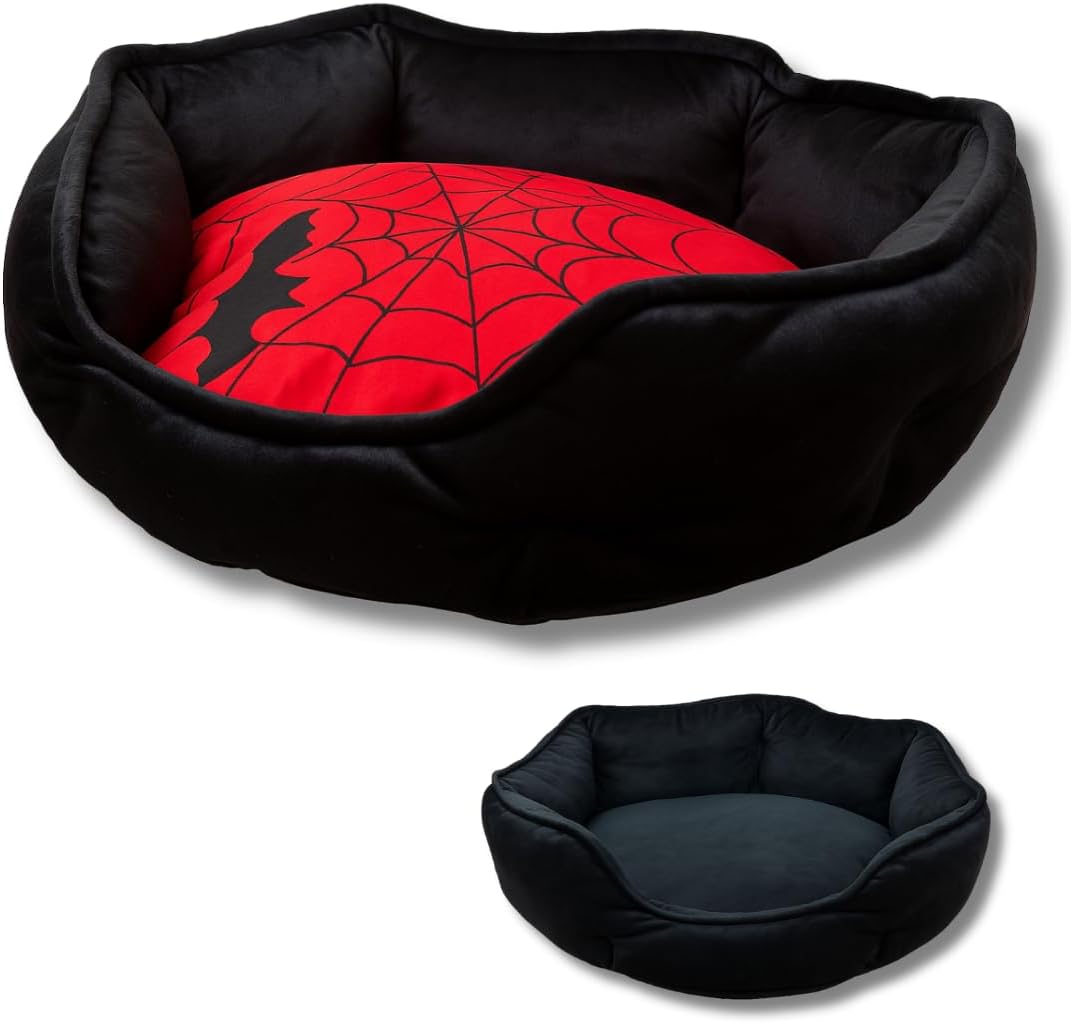 Gothic Cat Bed, 20 Inches Reversible Red and Black Cat Bed for Indoor Cats, Super Soft Plush Pet Bed with Cozy Spider Web Pillow and Secure Non-Slip Bottom