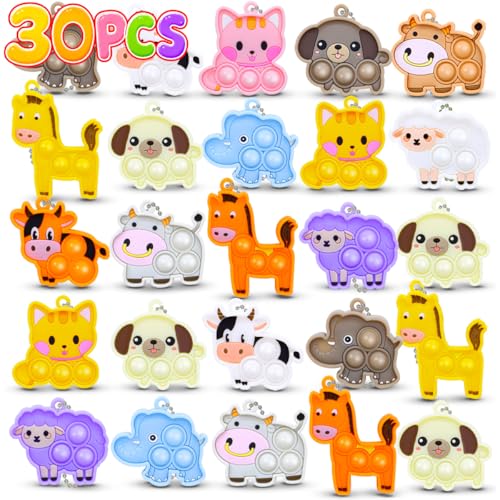 BicMan 30pcs Pop It Keychain Bulk Set, Fidget Keychains Party Favors for Kids 4-8 8-12, Goodie Bag Stuffers for Kids, Bulk Fidget Toys for Classroom Prizes, Sensory Toys Treasure Box