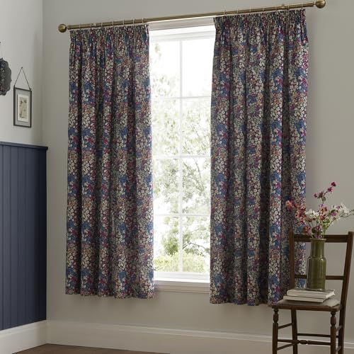 Dreams & Drapes Design Pencil Pleat Curtains, Living Room, 168 x 183 cm, Navy, 52% Recycled Polyester 48% Cotton, Light Filtering, Tie-Backs Included, Floral Pattern