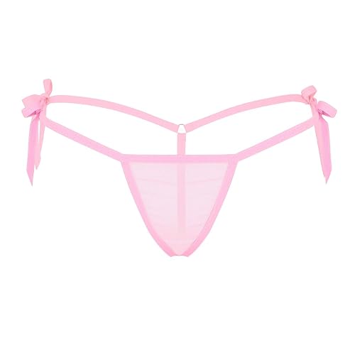 inlzdz Women's Low Rise Tie-Side Micro Thong T-Back See Through Mesh G-String Panty Underwear Lingerie Bottoms - One Size - Pink