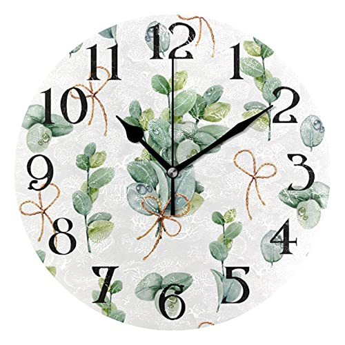 Green Eucalyptus Leaves Wall Clock 9.5 Inch Non Ticking Silent Kitchen Clocks Tropical Plant Round Bathroom Clock Battery Operated Quartz Analog Decorative Desk Clock for Living Room