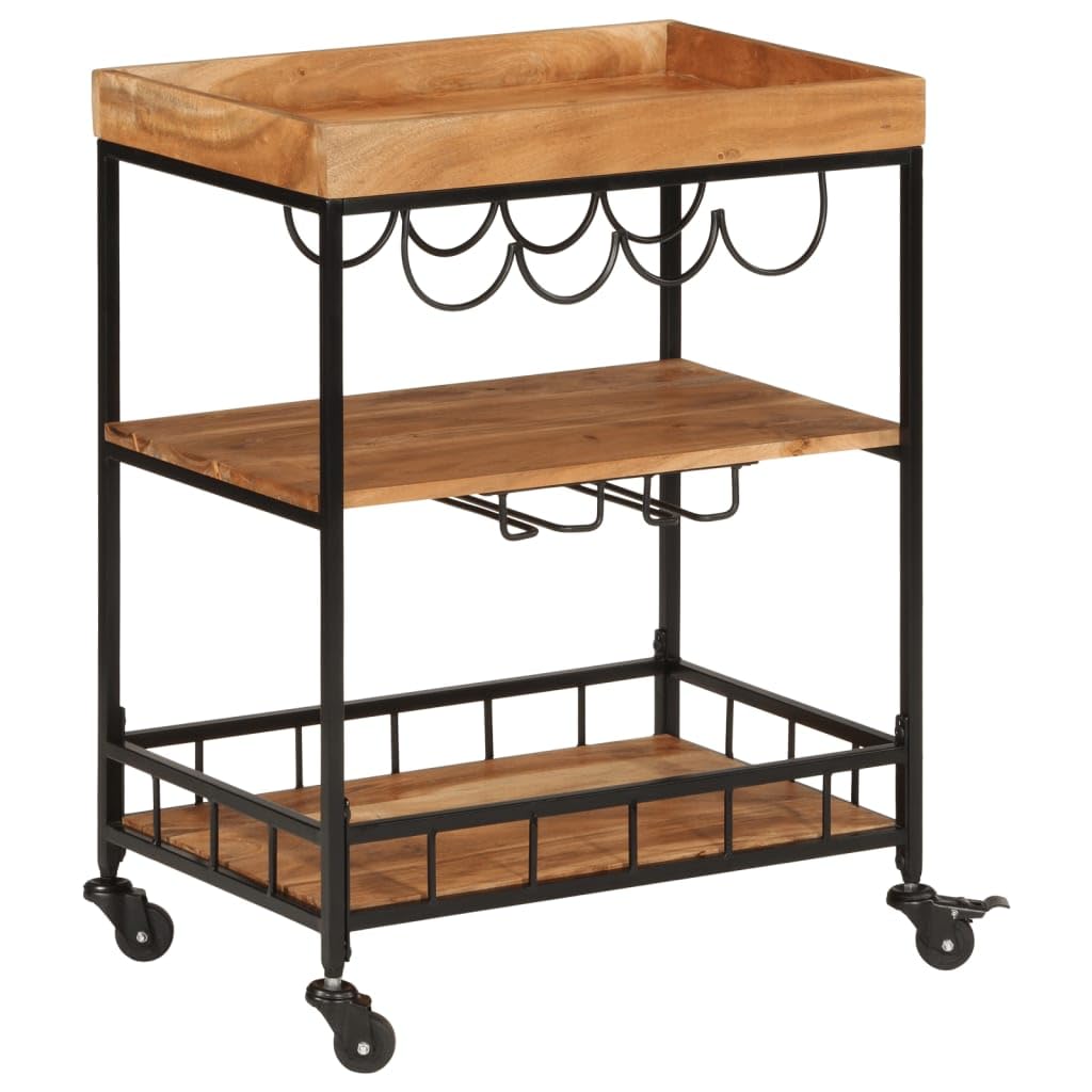 vidaXL Carrito de Bar, Carro con Niveles de Almacenaje, Carrito de Servicio, Carrito de Bebidas para Cocina, Madera Maciza de Acacia y Hierro