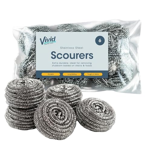 Vivid Stainless Steel Scourers 6 Pack Heavy Duty Metal Scourer for Pots and Pans Kitchen Wire Wool Scrubbers for Burnt On Grease Oven Racks and BBQ Grills Pan Cleaner Multipack